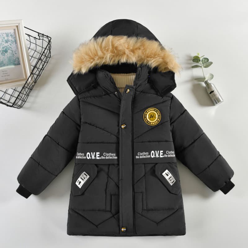 Boys' winter thickened fashionable cotton-padded coat, mid-length children's winter coat, stylish and warm, trendy and thickened.