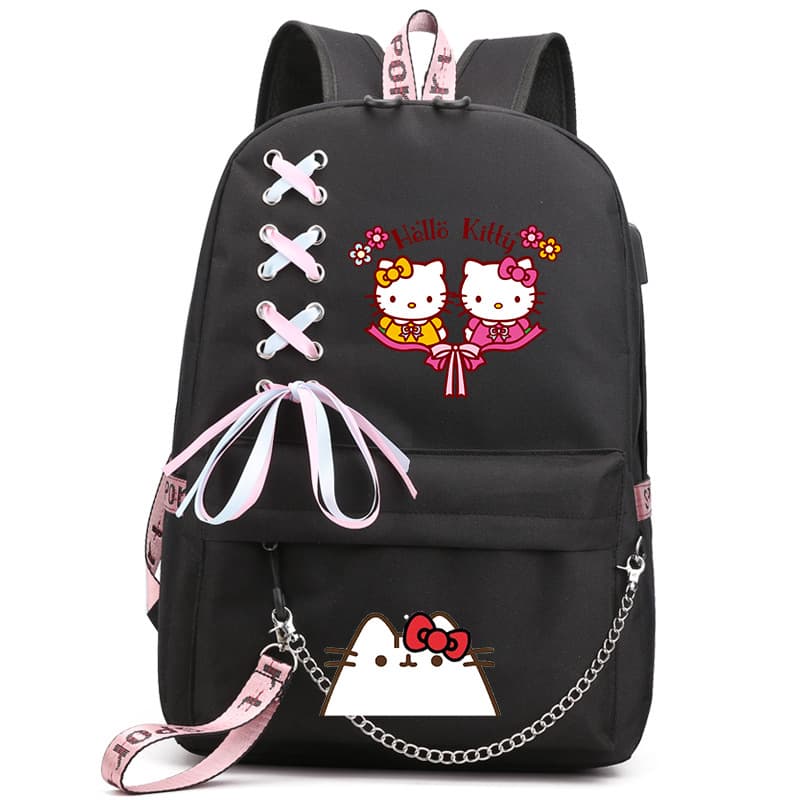 Hello Kitty Cat Print Backpack USB Cute Cartoon Spine Protection Lightweight Student School Bag