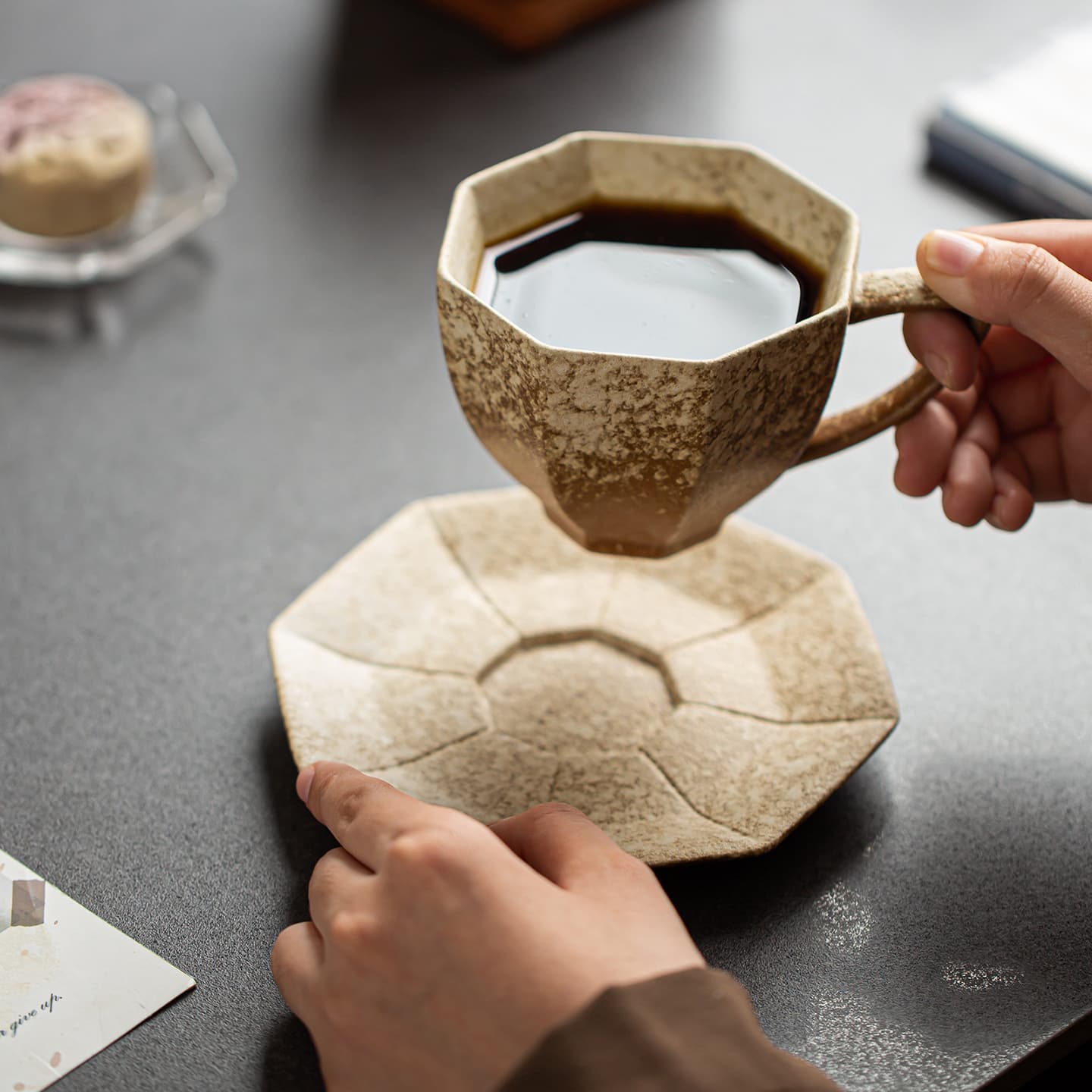 Ceramic Coffee Cup and Saucer Set, Vintage Octagonal Mug, Rustic Stoneware for Home, Hotel, and Couples