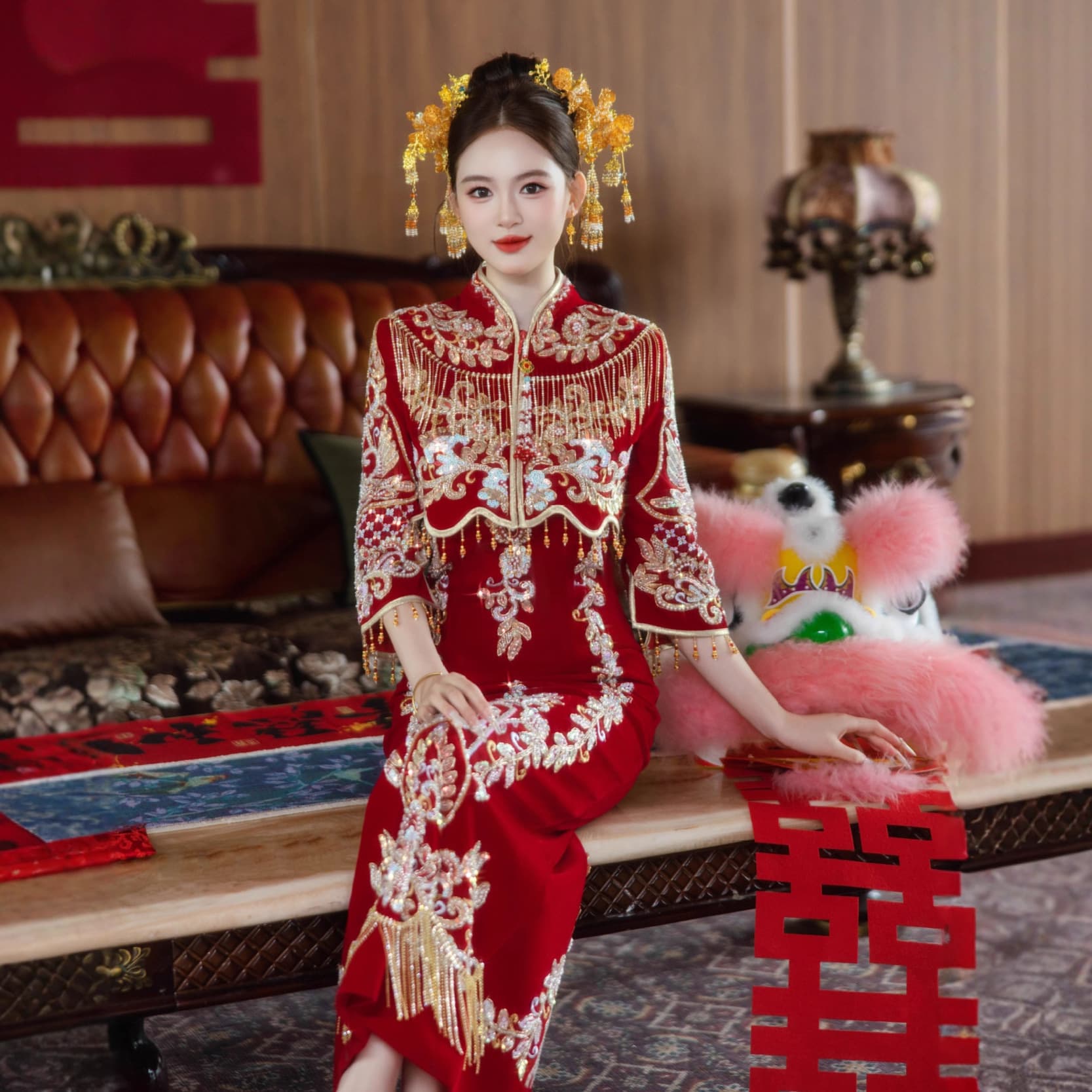 2026 Bride New Chinese-Style Wedding Dress Heavy Craftsmanship V-Neck Toast Dress Show Harmony Velvet Toast Dress