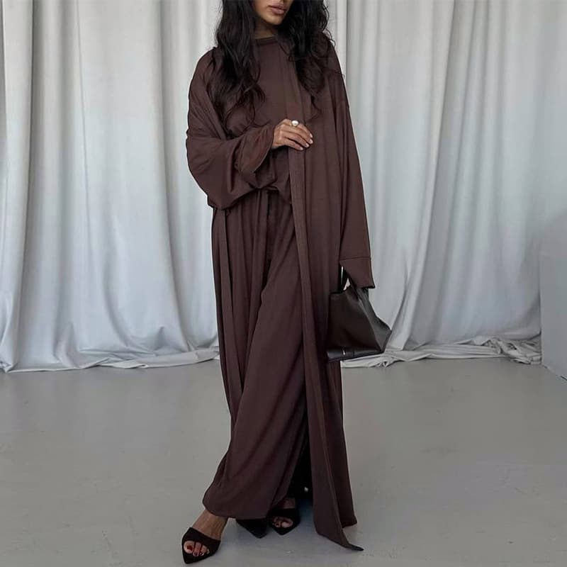 European and American Women's 2025 Fall New Casual Long Cardigan Jacket Short Sleeve T-Shirt Wide Leg Pants Three-Piece Set