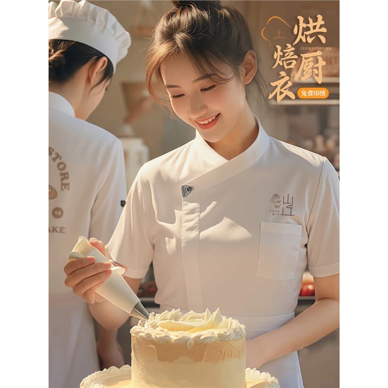 Stretch quick-drying white chef overalls short-sleeved catering kitchen bakery cake shop decorator clothing women's summer