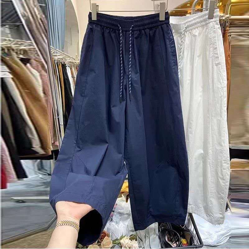 European Style Casual Loose Wide Leg Pants for Women Summer High Waist Slimming Straight Pants Petite Nine-Point Cargo Harem Dad Pants