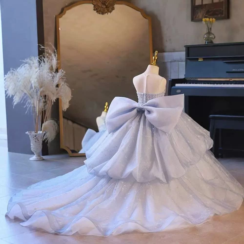 High-end Princess Dress for Girls, Flower Girl Wedding Gown with Long Train, Piano Performance Costume for Hosts and Stage Shows