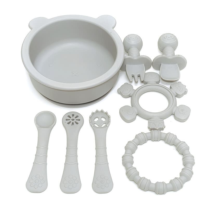Baby Silicone Tableware Set Infant Learning to Eat Complementary Food Suction Cup Bowl Rice Cereal Bowl Short Handle Fork Spoon Teether Drop Resistant Anti-Scald