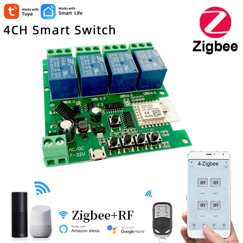 Tuya Zigbee Smart Momentary Switch Self-Locking Interlocking Remote Control 4-Channel Relay WiFi Module 433