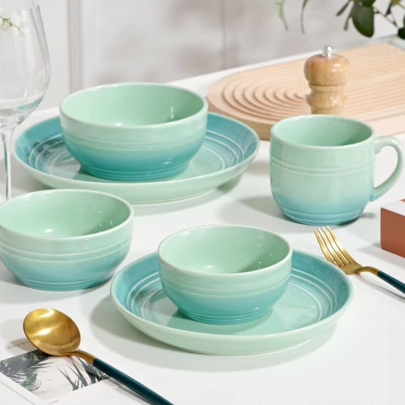 Underglaze Macaron Ceramic Bowls and Plates, Embossed Gradient Household Rice Bowls, Noodle Bowls, Soup Bowls, Dish Plates, Deep Plates, Soup Plates