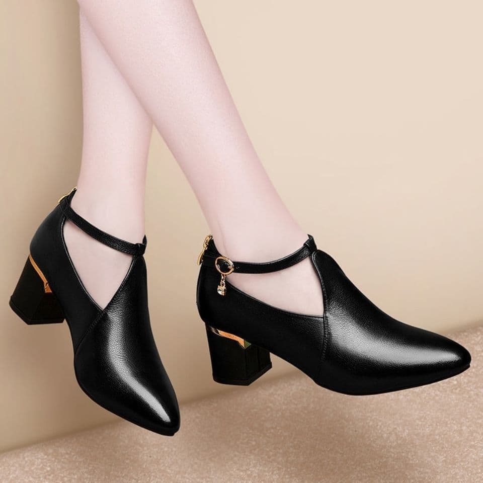 Women's Chunky Heel Mid-Heel Shoes Spring Autumn New Fashion Versatile High Heel Leather Shoes Comfortable Soft Sole Plus Size Women's Shoes Mother Shoes Black
