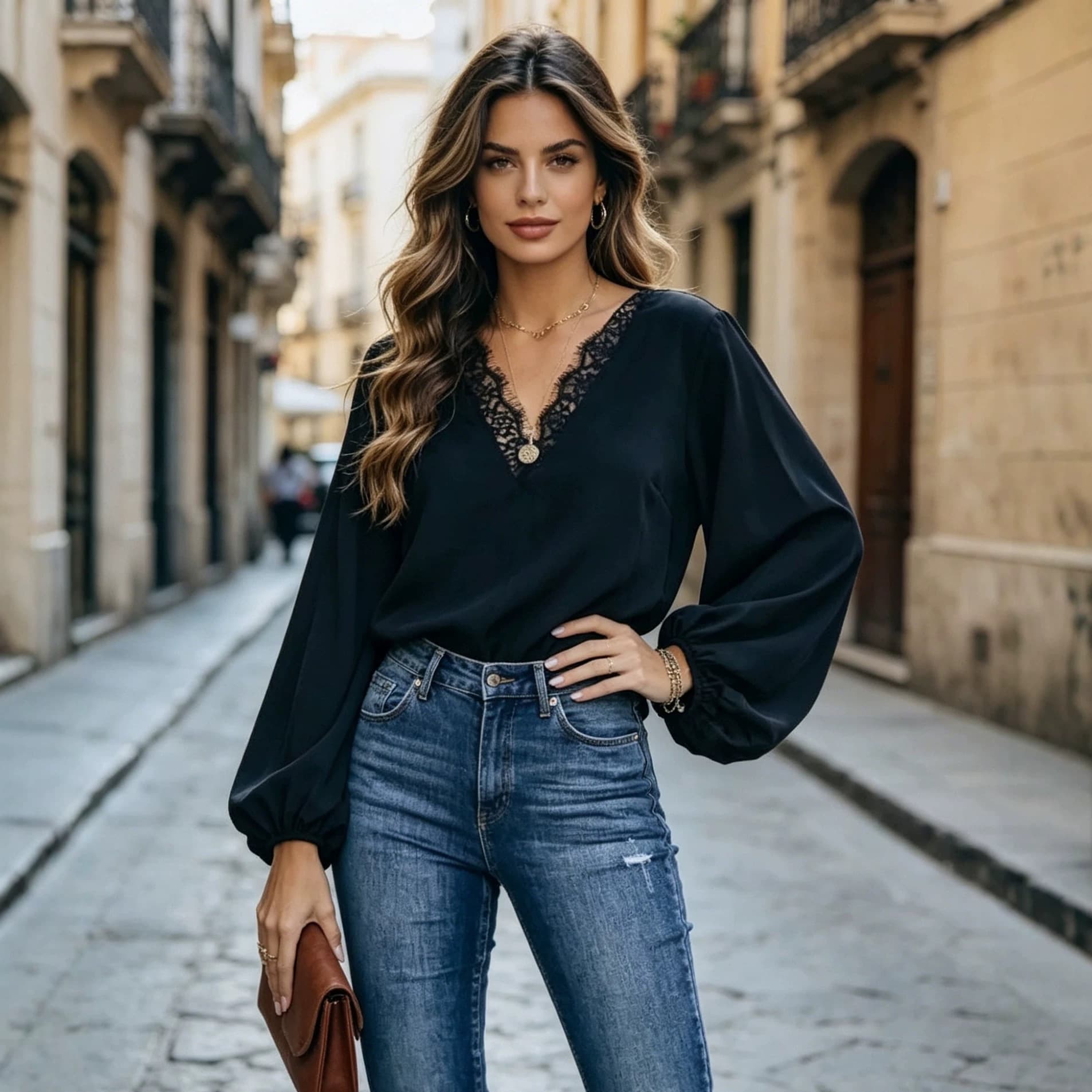 New European and American Women's Solid Lace V-Neck Long Sleeve Loose Casual Blouse Top for Amazon and AliExpress
