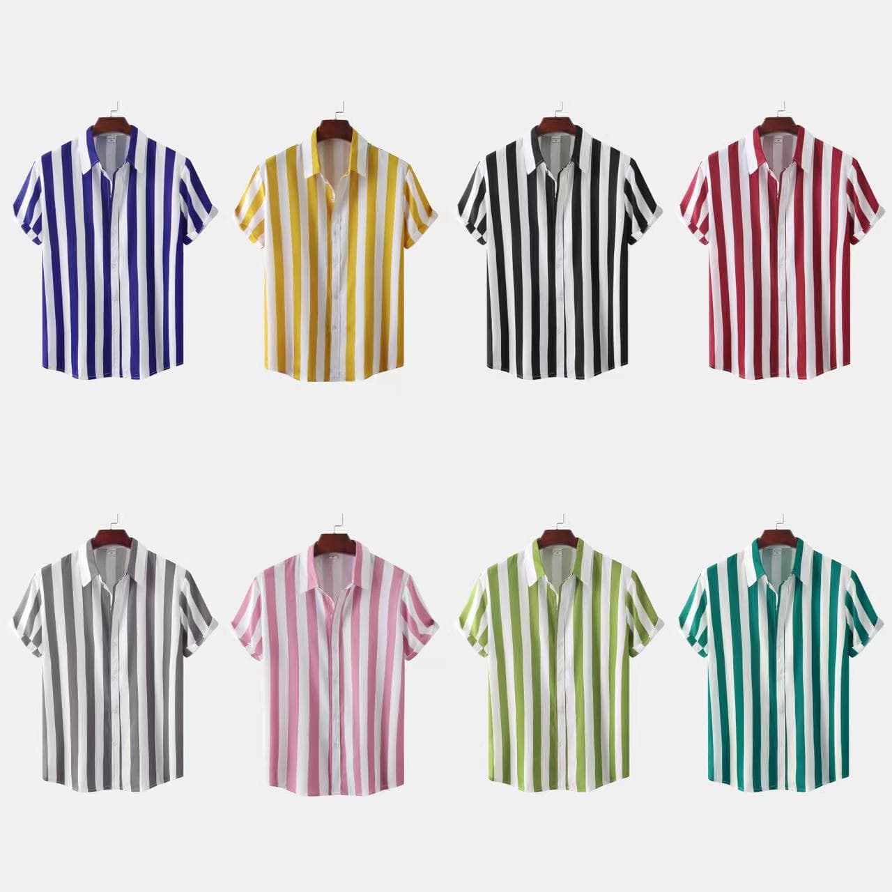 2025 Cross-border Amazon Summer New Turn-down Collar Two-tone Striped Button Short-sleeve Shirt Stylish Simple Men's Shirt