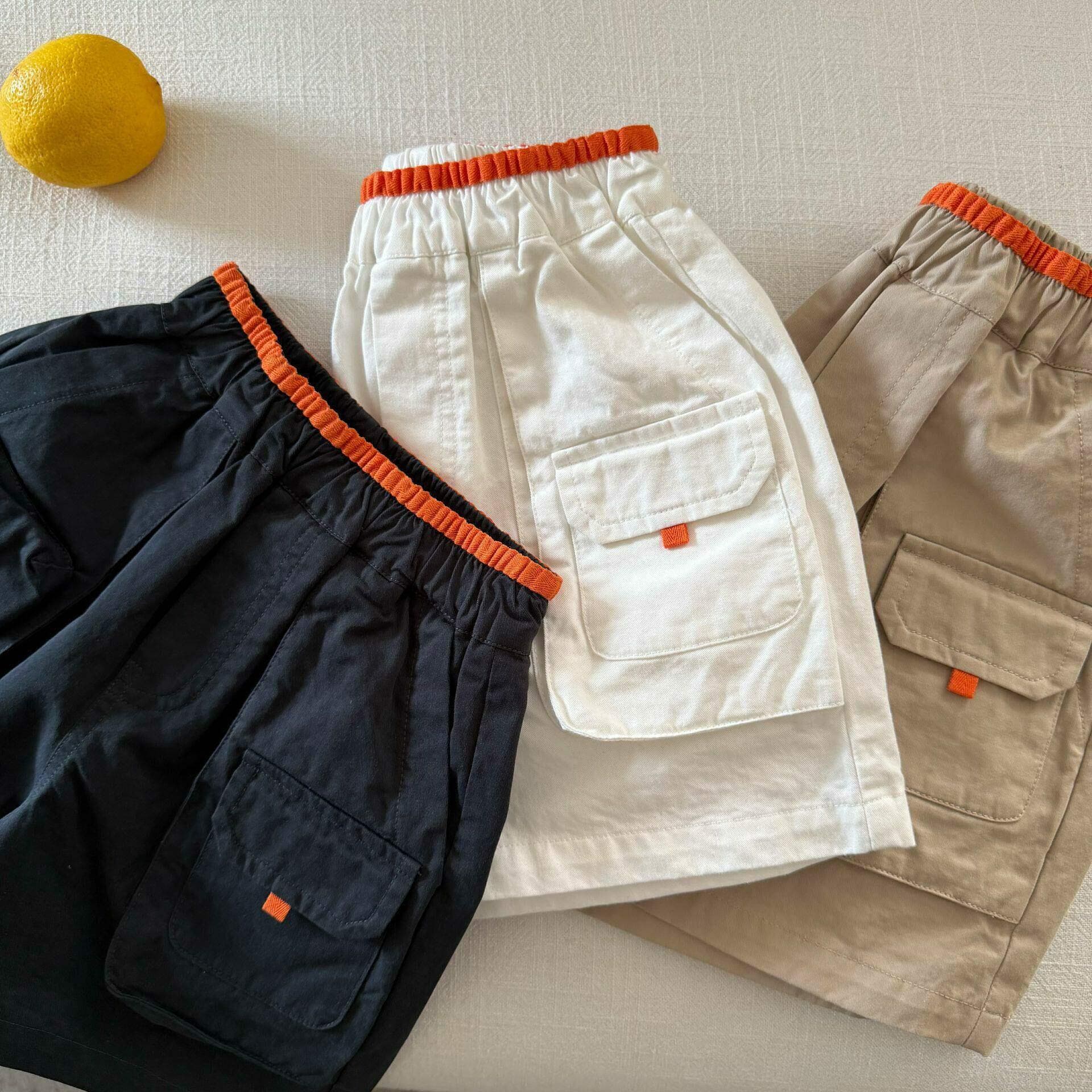 Children's casual shorts men's 2026 summer children's contrasting color five-point pants baby pocket overalls women's overalls shorts