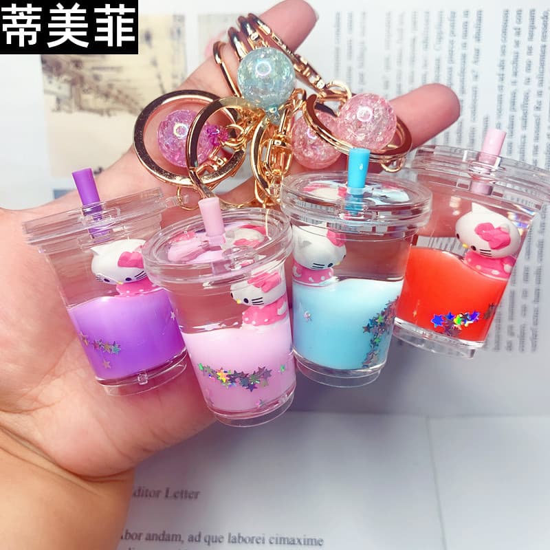 Floating Cartoon KT Acrylic Milk Tea Cup Keychain Creative Quicksand Keychain Bag Pendant Cute Gift
