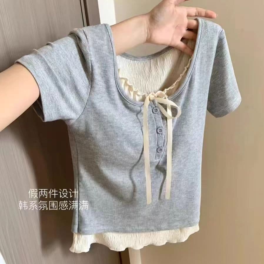 Chanel-Style Faux Two-Piece Regular Shoulder Versatile Short-Sleeve T-Shirt for Women, Summer Petite Design, Niche Slim-Fit Top