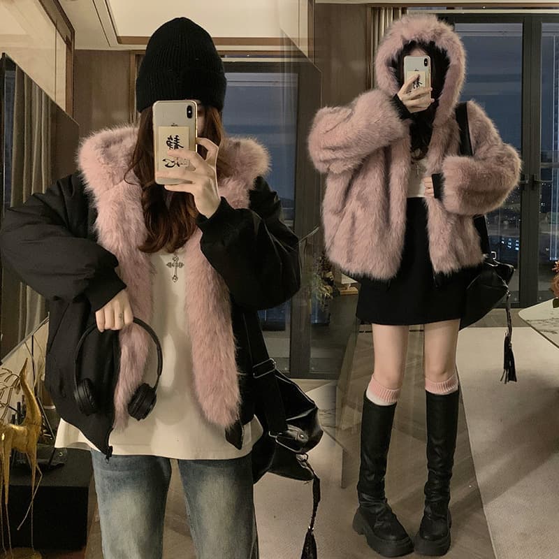 American retro style hooded workwear short jacket with fur collar, new autumn and winter style, thickened plush warm cotton coat.