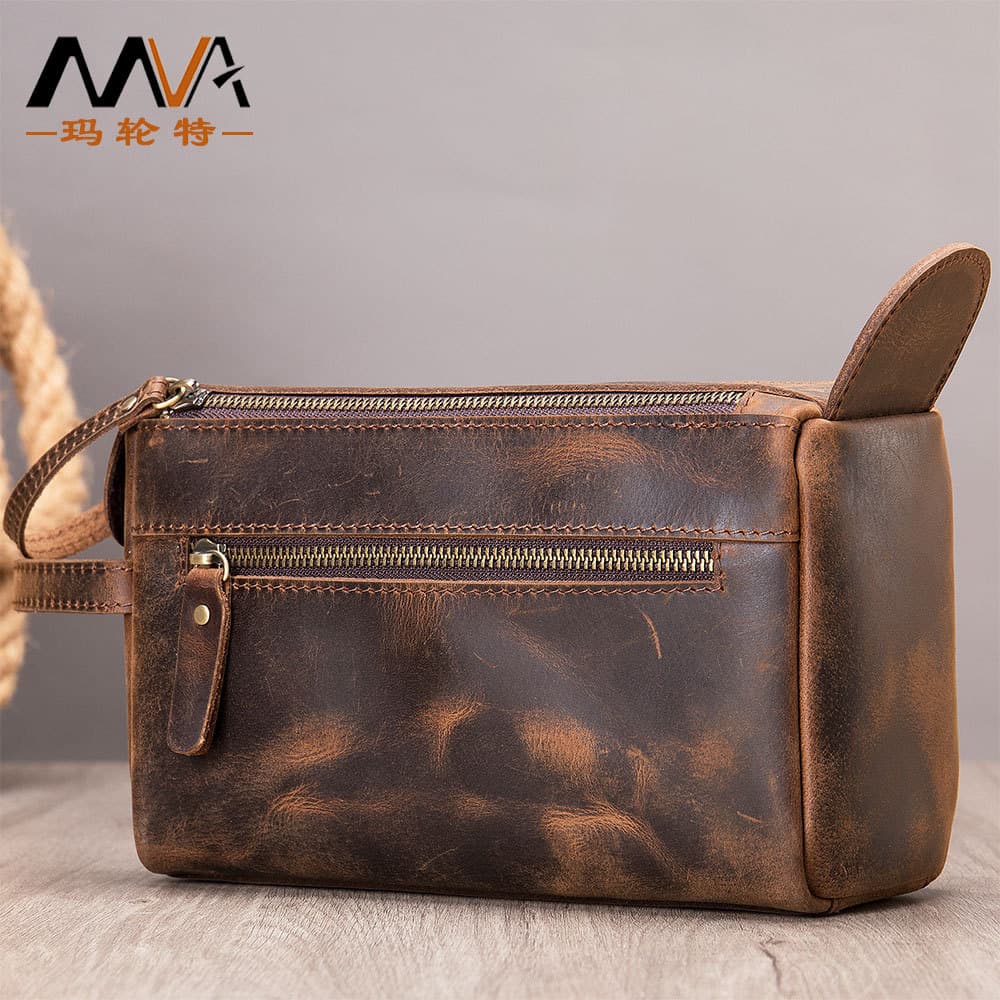 MVA New Men's Leather Handbag Vintage Cowhide Clutch Large Capacity Crazy Horse Leather Toiletry Bag