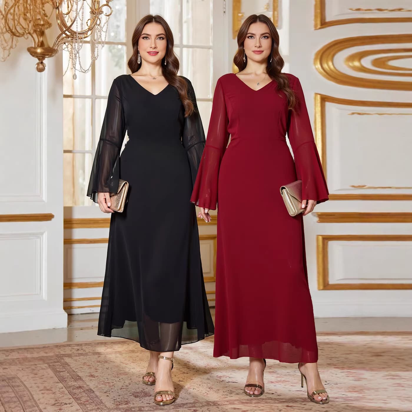 D1018 Cross-border Amazon Bridesmaid Plus Size Women's Fashion Elegant V-Neck Chiffon Dress Gown
