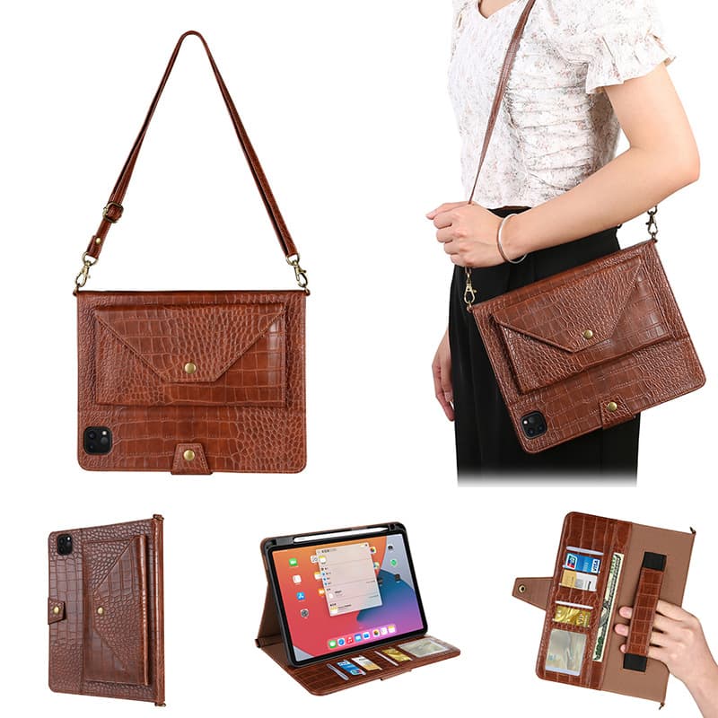 Crocodile Texture Zipper Wallet Shoulder Strap Envelope Tablet Case Flip Cover for iPad Air5 2022, iPad 11 Leather Case