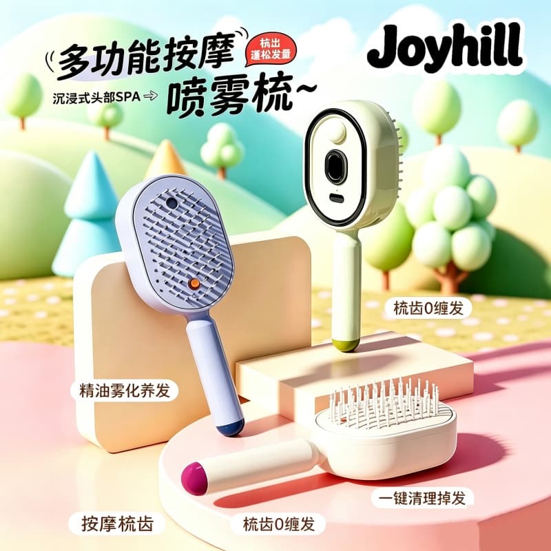 Essential Oil Spray Air Cushion Massage Comb Electric Atomizing Hair Care Comb Self-Cleaning Anti-Tangle Volumizing High Crown Detangling Comb