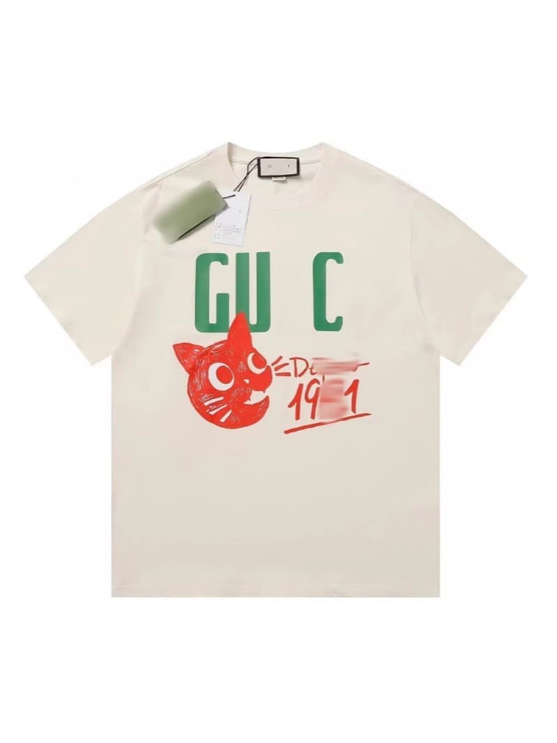 Cross-border G Family Gu Family 2025 New Beige Cotton Short-Sleeve T-Shirt Unisex Loose Cat Letter Print Top