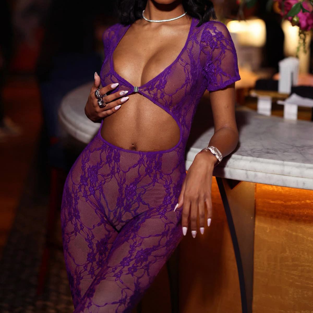 European and American Cross-Border 2025 New Purple Sexy Lace Suit Cut Out Navel See-Through Tight Jumpsuit Underwear