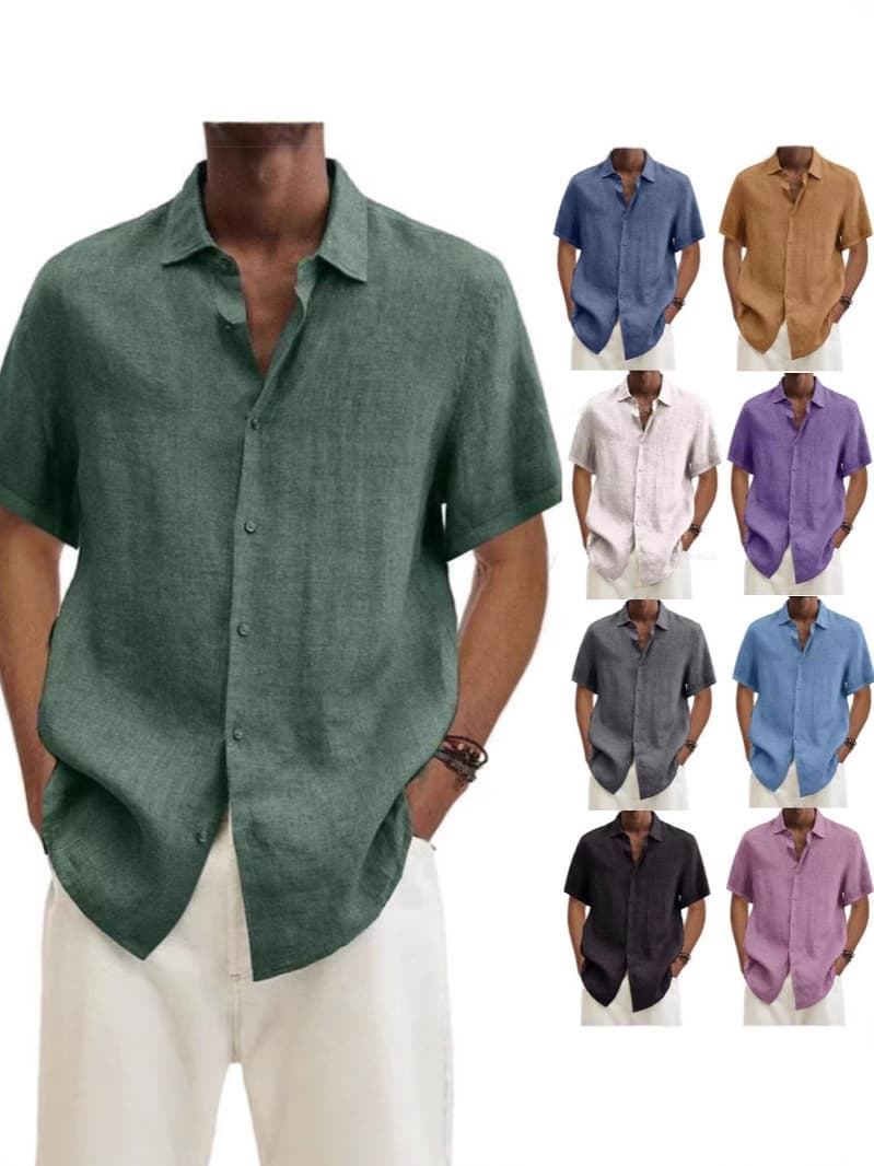 2025 Independent Site Wish Amazon Summer V-Neck Button Cotton Linen Solid Men's Fashion Shirt