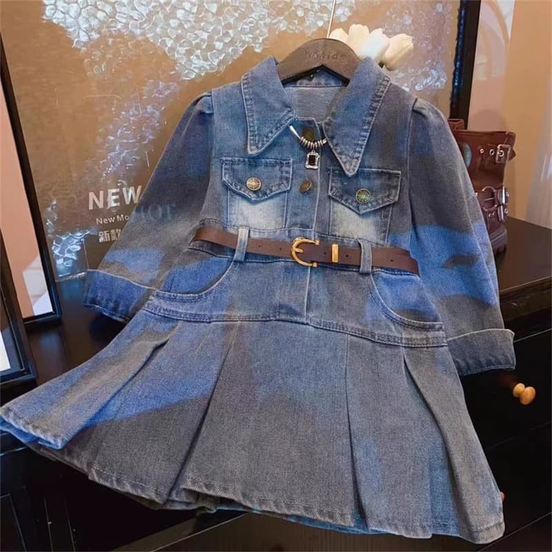 Girls' Korean-style Polo Collar Cotton Denim Dress 2025 Spring Autumn New Arrival Children's Internet Famous Fashion Retro Dress