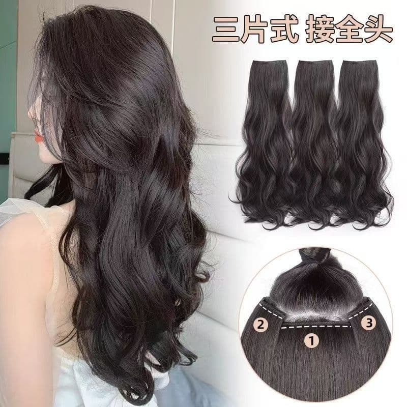 Three-Piece Long Curly Wig for Women, Voluminous, Korean-Style Water Wave, Realistic Egg Roll, Barbie Curl, Hair Extension Clip