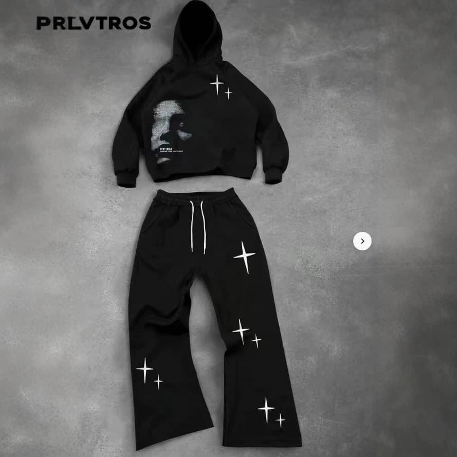Cross-border autumn and winter men's outfit suit flame 3D digital print hooded sweatshirt and sweatpants loose sports two-piece set