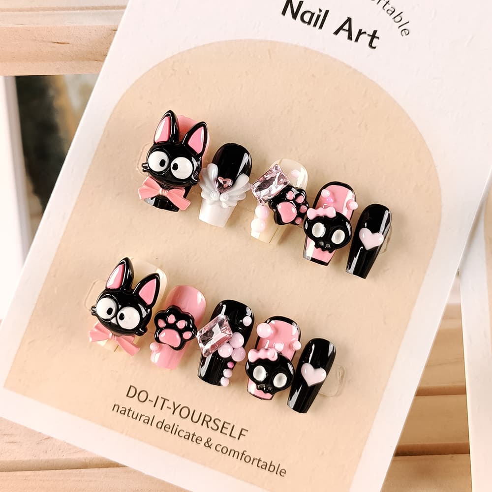 10-piece coded black cat Jiji nail polish, loving cartoon skull nail polish, phototherapy hand-made high-end wearable nail polish