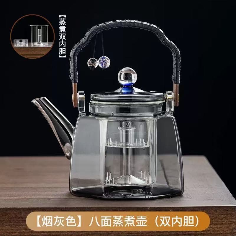 High Borosilicate Glass Thickened Heat-Resistant Steaming and Boiling Integrated Handle Teapot in Smoky Gray Starlight Glass