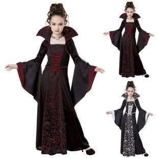 New European and American Halloween children's costume witch dress medieval vintage lace-up stand collar bell sleeve printed long dress
