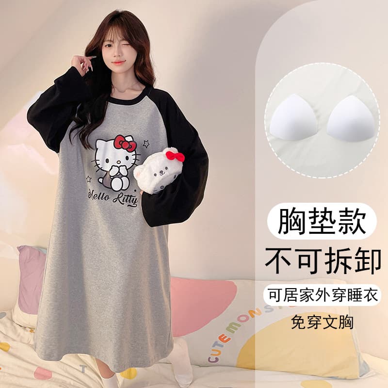 Women's Spring and Autumn Nightgown, Long Sleeve with Built-in Bra, Wearable Outside, Loose Fit Plus Size Pajamas, Korean Style Fall and Winter Homewear