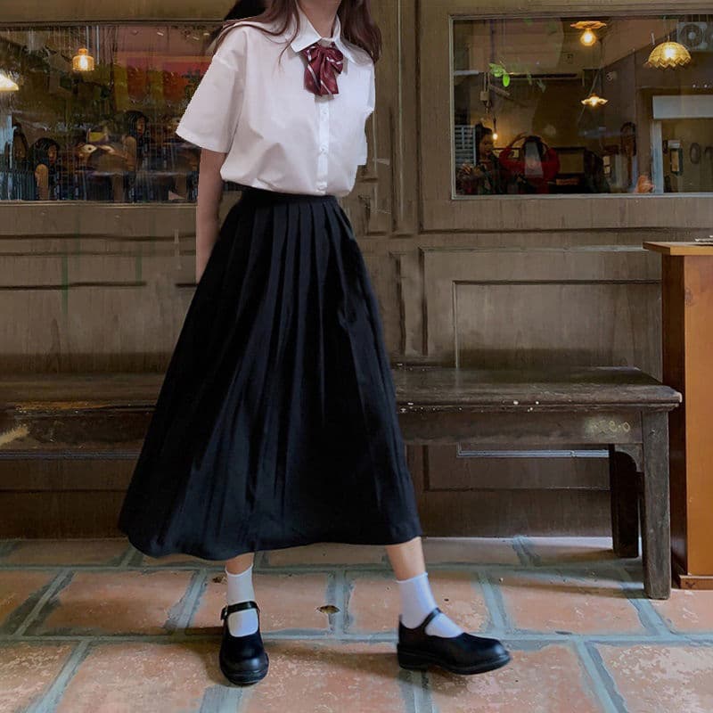 JK Uniform Summer Pleated Skirt Women's Academic Style White Shirt Mid-Length Class Uniform Graduation Sports Day Student Set