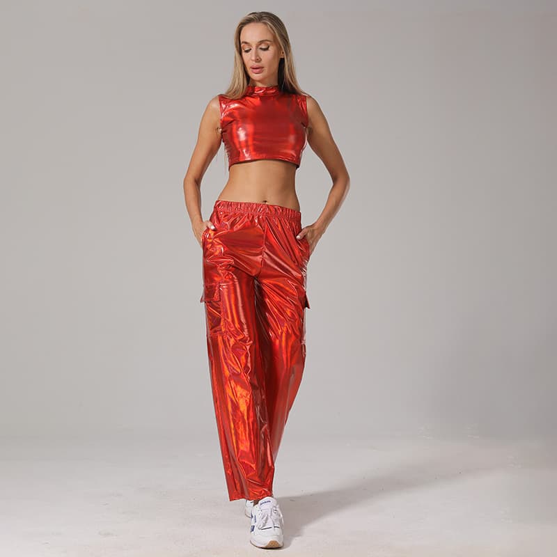 Cross-border European and American foreign trade women's clothing Amazon fashion high-waisted PU patent leather pants casual pants workwear set manufacturer wholesale
