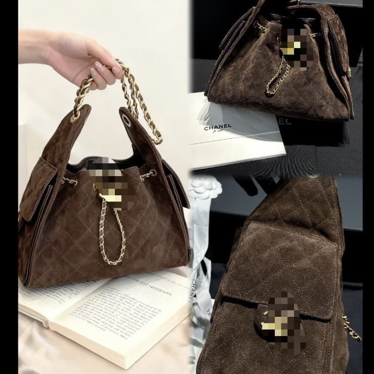 ChaneI25K suede HoboBag chocolate drawstring bucket bag shoulder portable hippie wandering armpit bag