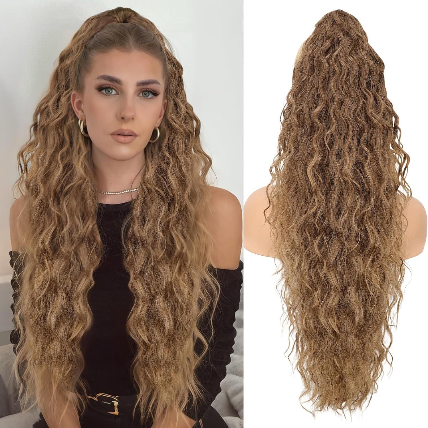 European and American Ponytail Hairpiece for Women, Wavy Long Curly Ponytail with Fluffy Crimped Texture, Clip-in Ponytail Extension