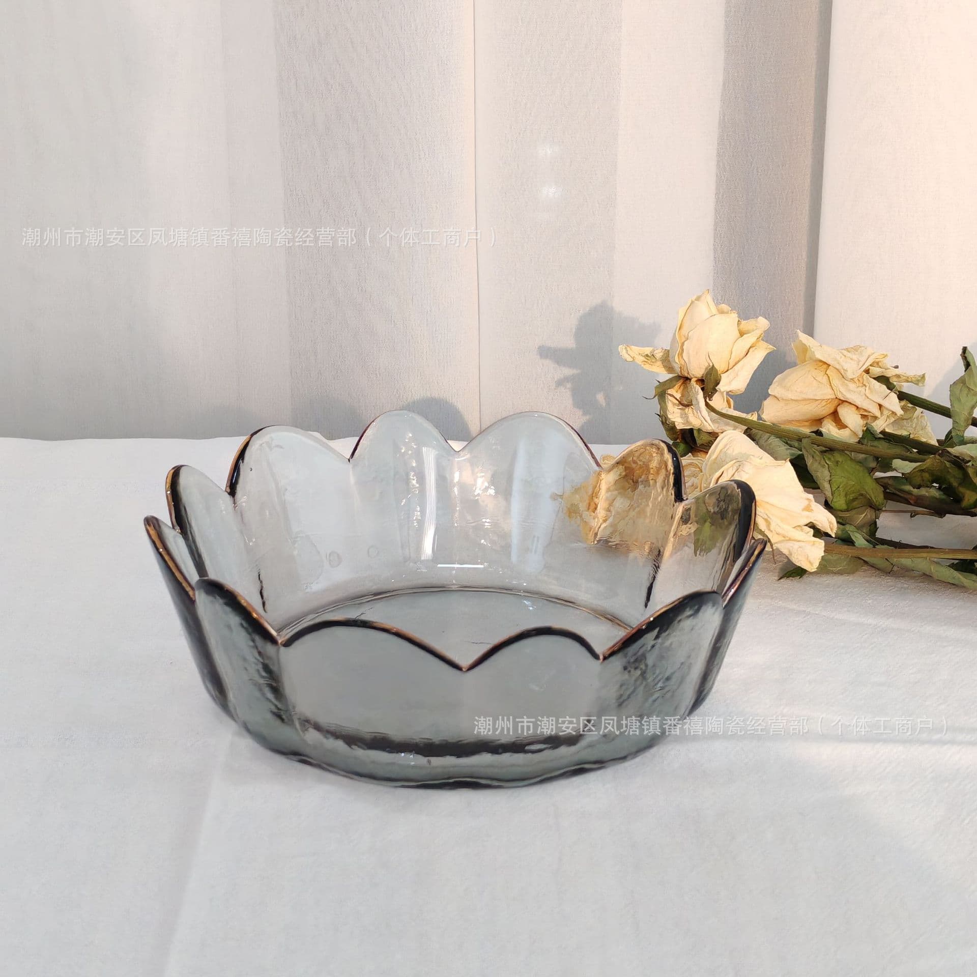 Gold-painted simple lace glass bowl, high-looking dessert fruit bowl, French retro dessert bowl, salad bowl 300ml