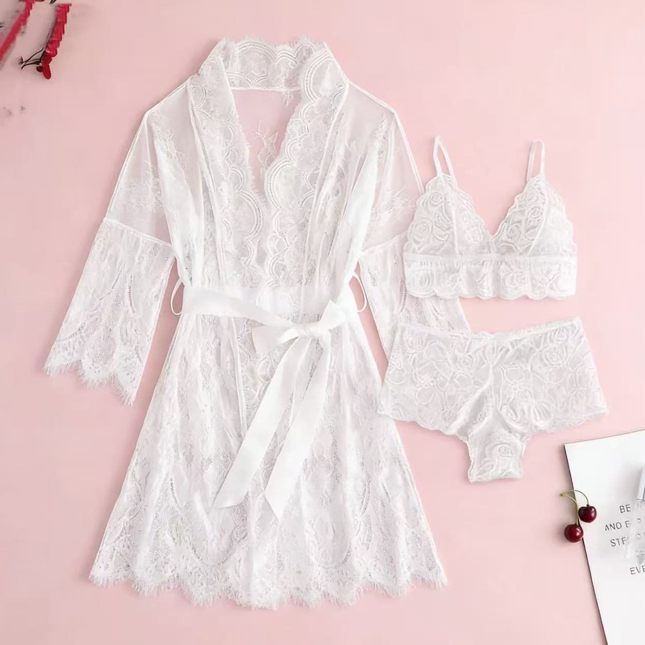 Deep V Bow Tie Women Fashion Lace Robe Open Front Eyelash Lace Trim Lingerie European American Style