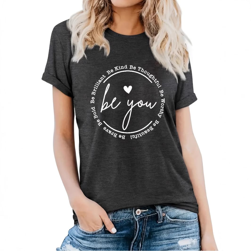 2025 European and American Cross-Border Women's Summer New Style Be You Round Neck Short Sleeve Loose Top T-Shirt