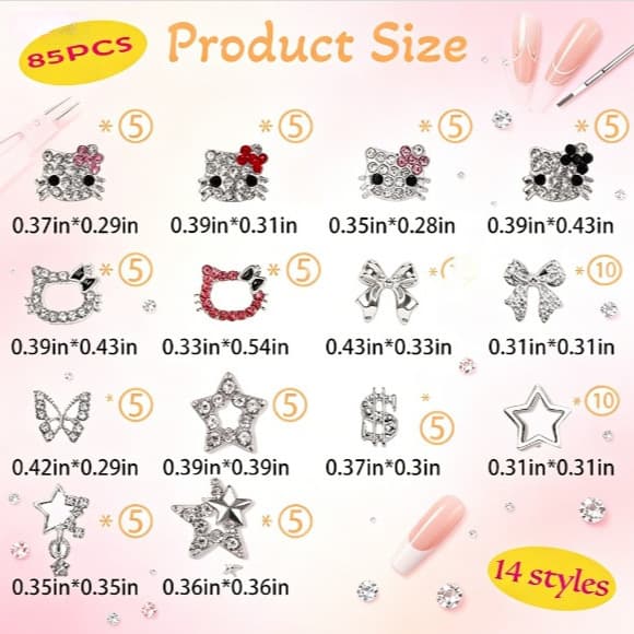 Cross-border bag of 85 alloy Hello Kitty nail art diamond ornaments cartoon three-dimensional alloy diamond nails DIY decoration