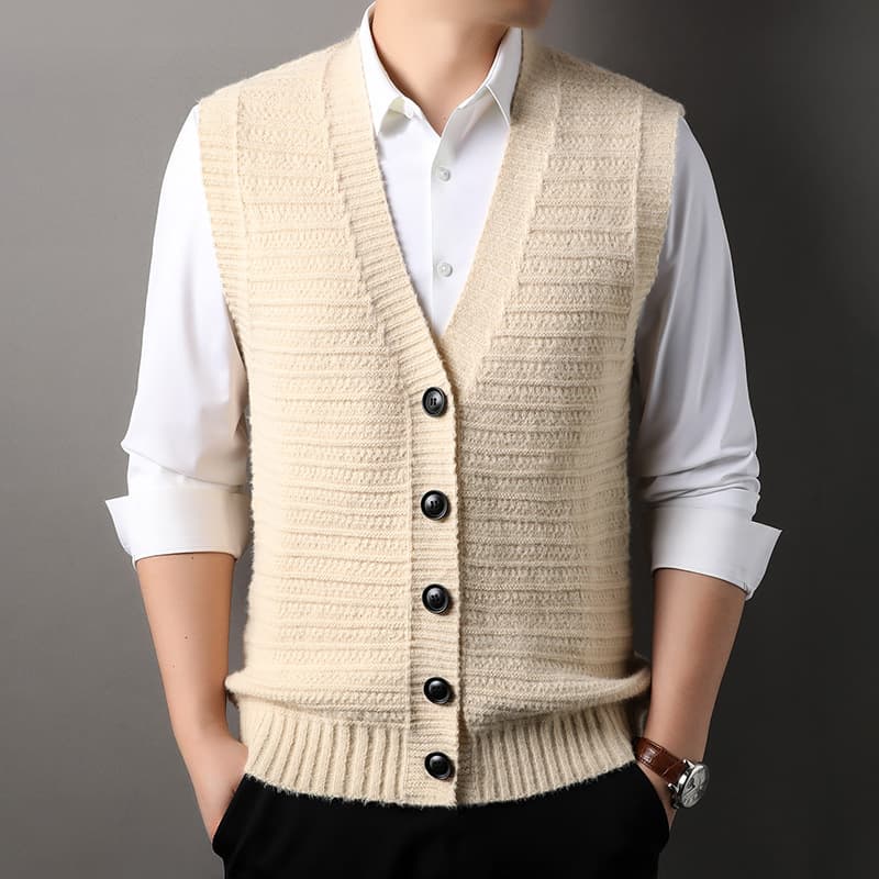 YINGAO Knit V-Neck Single Button Vest Cardigan, Men's New Korean Version Striped Knit Middle-Aged Vest Sweater