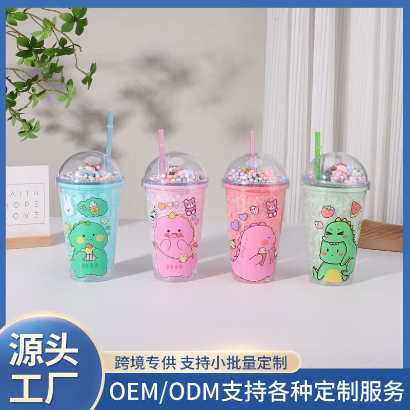 New Summer Cute Creative Casual Cup Cartoon Dinosaur Gift Cup Student Sealed Round Lid Straw Plastic Cup