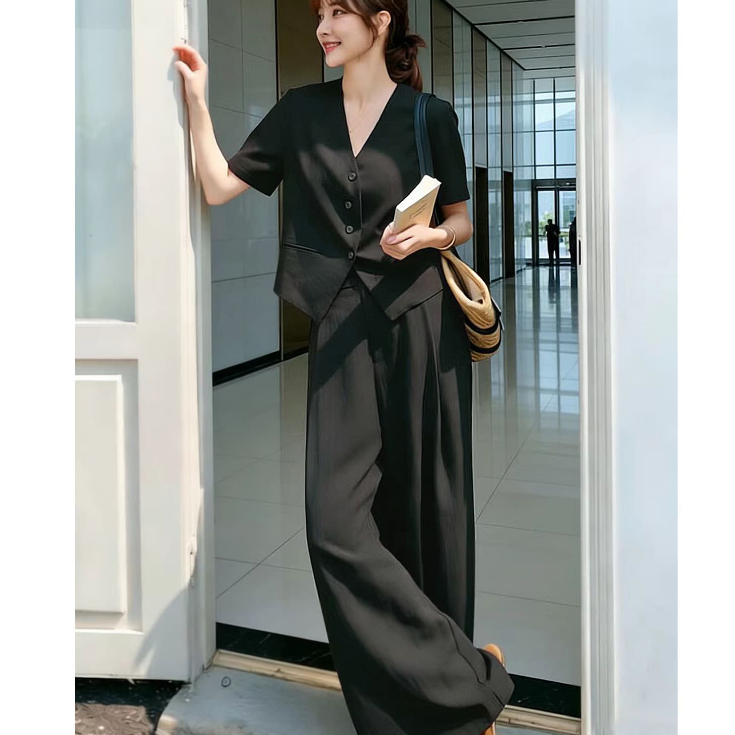 MX07 Plus Size Women's Suit Wide Leg Pants Black French Style Slimming Summer Thin Breathable Two-Piece Set