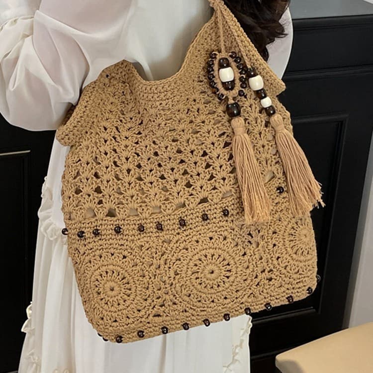 INS Japanese Style Artistic Handmade Cotton Rope Woven Bag for Women, Seaside Vacation Shoulder Underarm Tote Bag, Casual Beach Bag