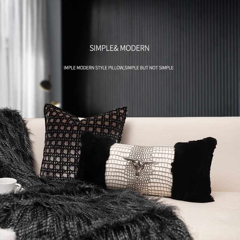 Luxury Hotel Style Sofa Backrest Cushion Fox Fur Real Leather Couch Living Room Fashionable Waist Pillow Elegant Geometric Pattern