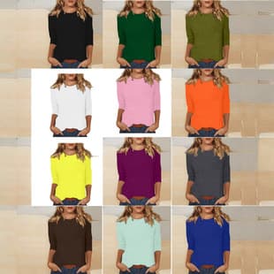 2026 New Women's Crew Neck T-Shirt with 3/4 Sleeves, Solid Color Top for Amazon Cross-Border