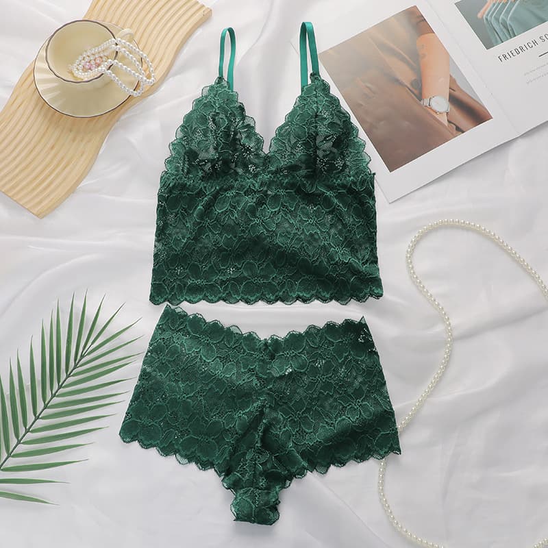 Cross-border Amazon Europe and America Sexy Lace Trim Women's Bra Set French Wire-free Push-up Vest Style Bra Set