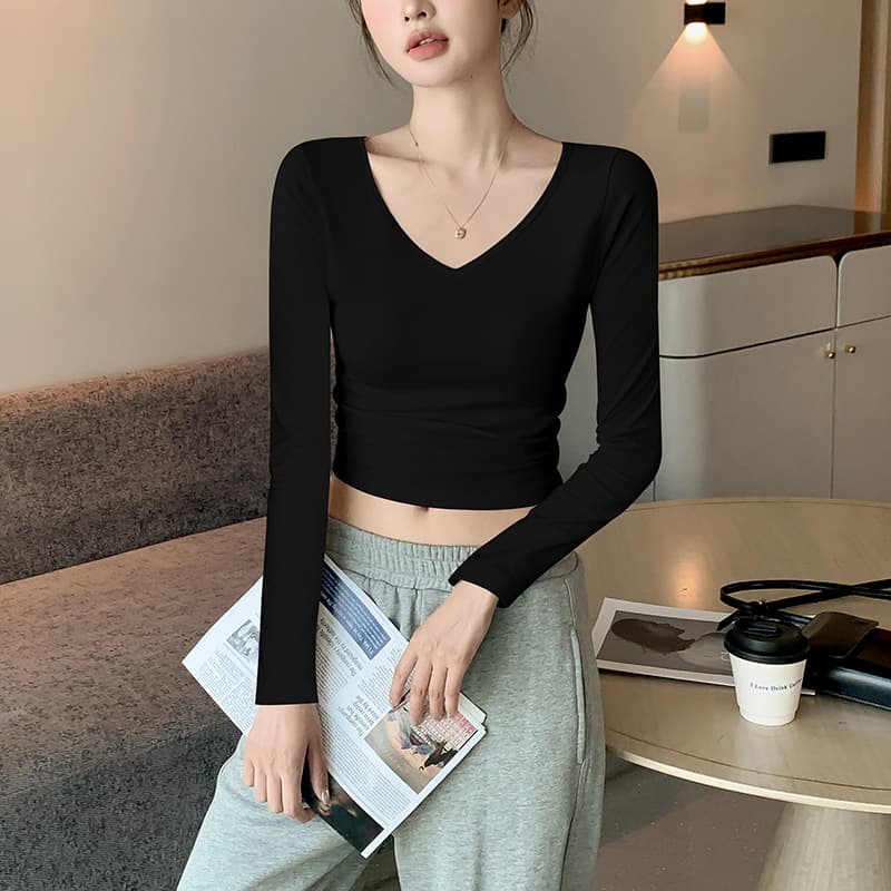 New Small Size Pure Cotton Base Layer Top for Women, Spring/Autumn Simple Fitted Crop T-Shirt, Long Sleeve