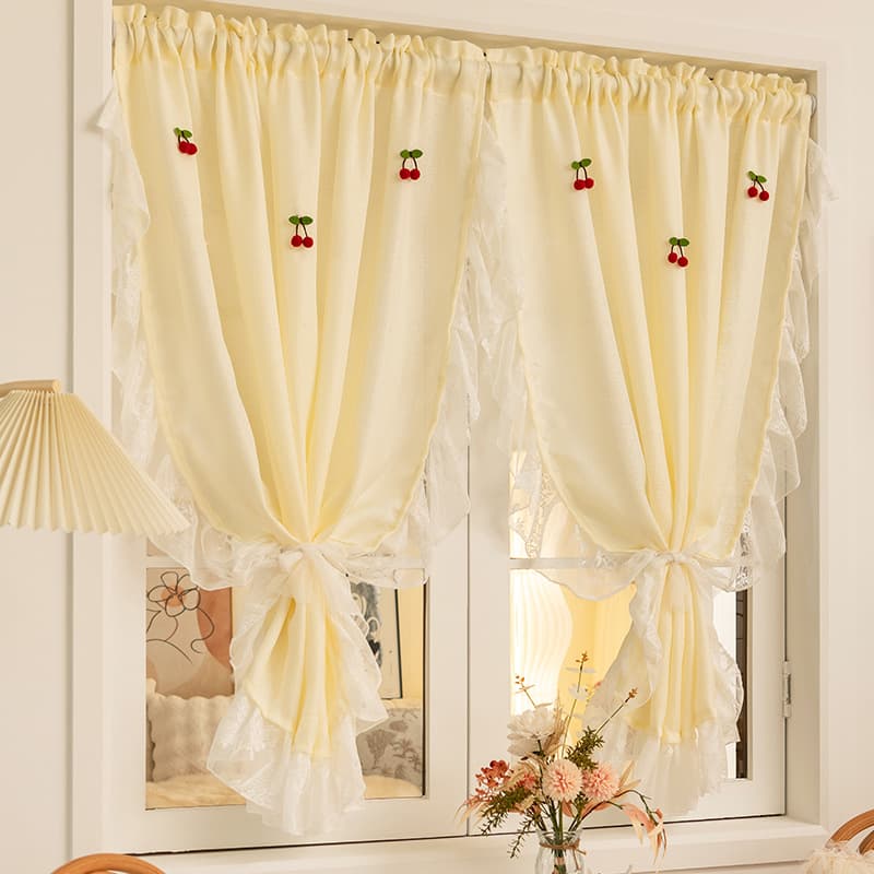 French Cream Style Lace Curtain with Ruffled Hem, Princess Girl Curtain, No-Drill Bay Window Door Curtain Room Divider Short Curtain