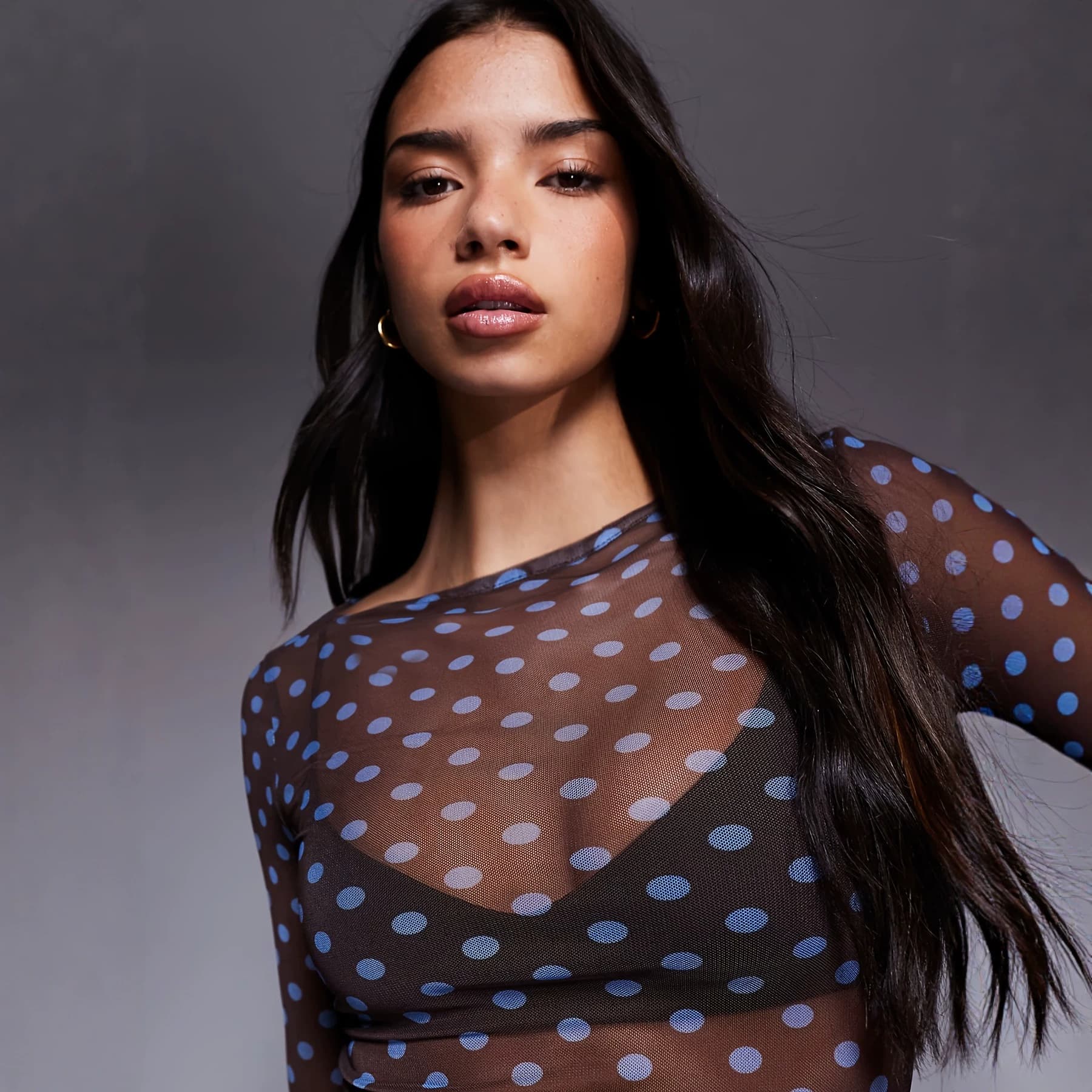 American Retro Bubble Long Sleeve Polka Dot Blouse Women Sheer Mesh Base Top Slightly Transparent Sun Protection T-Shirt Cover-Up